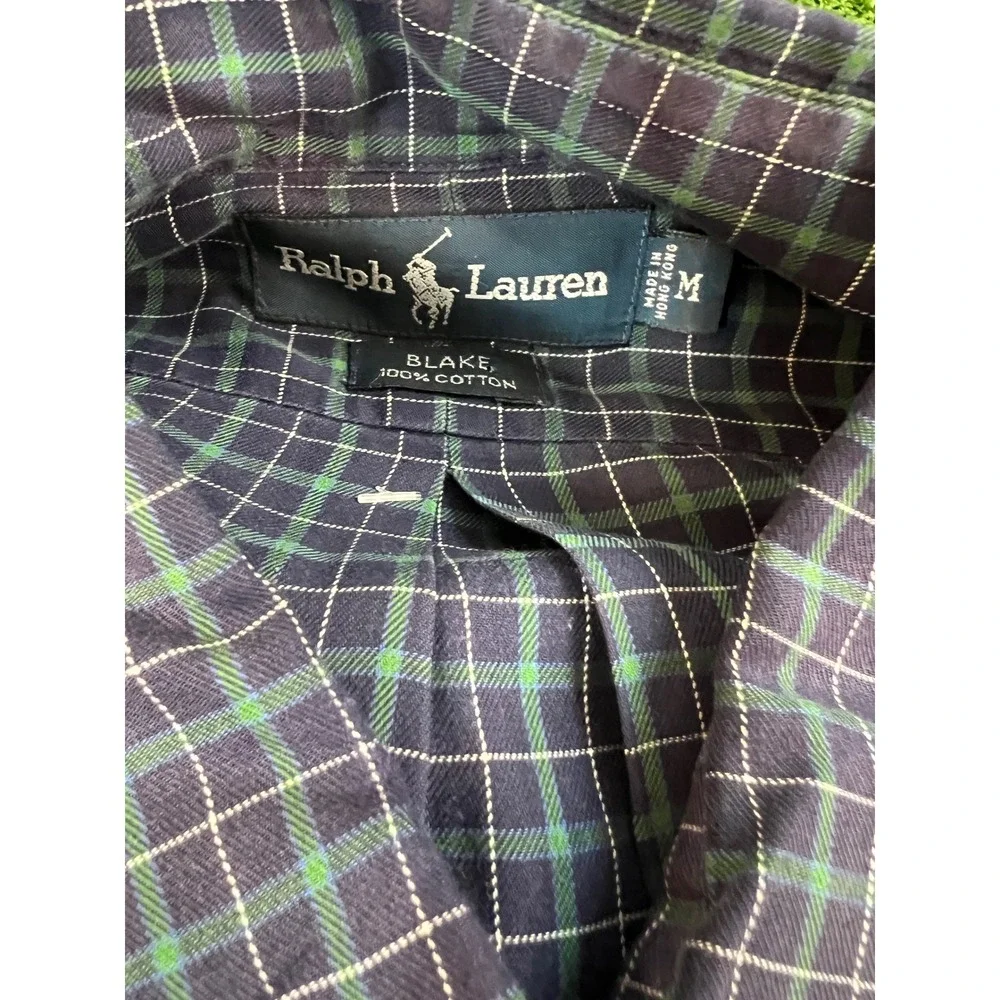 Ralph‎ Lauren Blake Mens Medium Plaid Button Down Shirt Navy Green Cotton